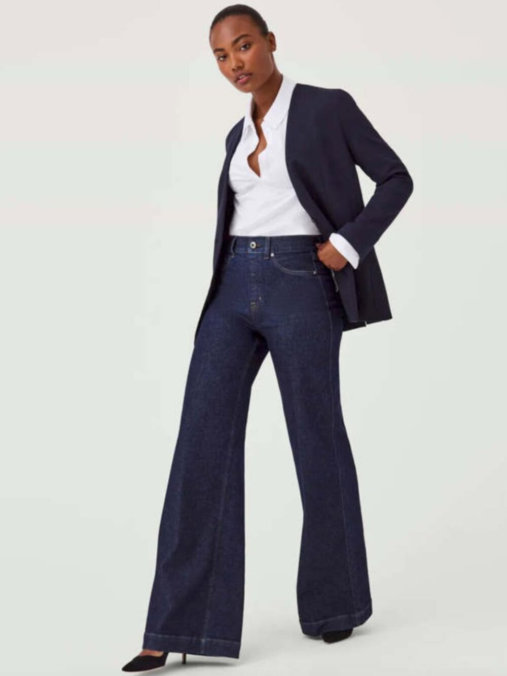 Spanx Wide Leg High Rise Pull On Jeans in Raw Indigo
